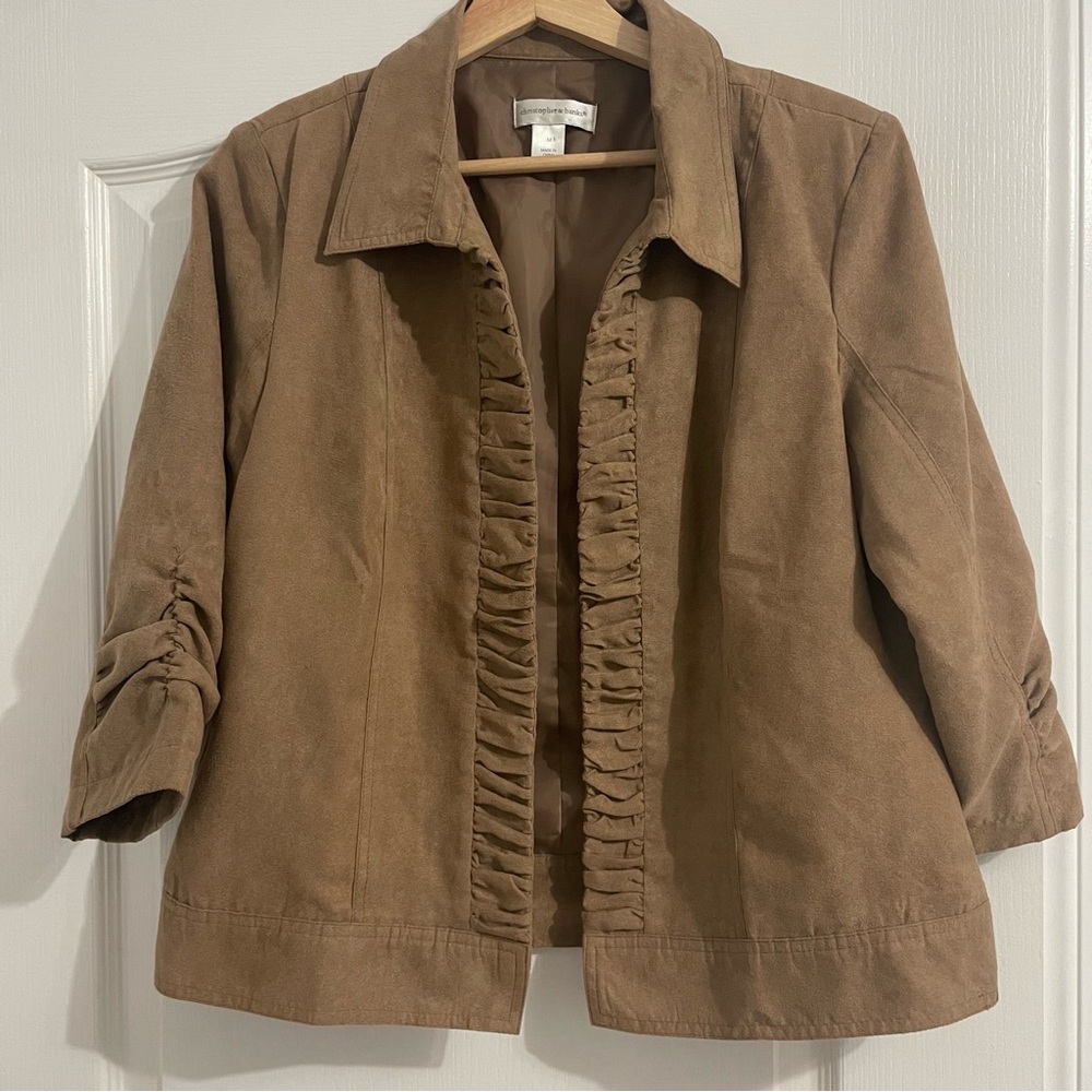 Christopher & Banks 3/4 Sleeve Open Blazer Tan Faux Suede Ruched Shoulder Pads M
